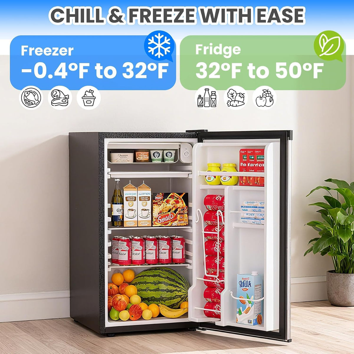 3.2 Cu.Ft Mini Refrigerator with Freezer, Single Door Small Refrigerator, Energy Saving Small Fridge with Adjustable Thermostat, Removable Glass Shelves for Bedroom, Dorm, Office, Desk Fridge, Silver