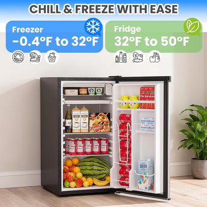 3.2 Cu.Ft Mini Refrigerator with Freezer, Single Door Small Refrigerator, Energy Saving Small Fridge with Adjustable Thermostat, Removable Glass Shelves for Bedroom, Dorm, Office, Desk Fridge, Silver