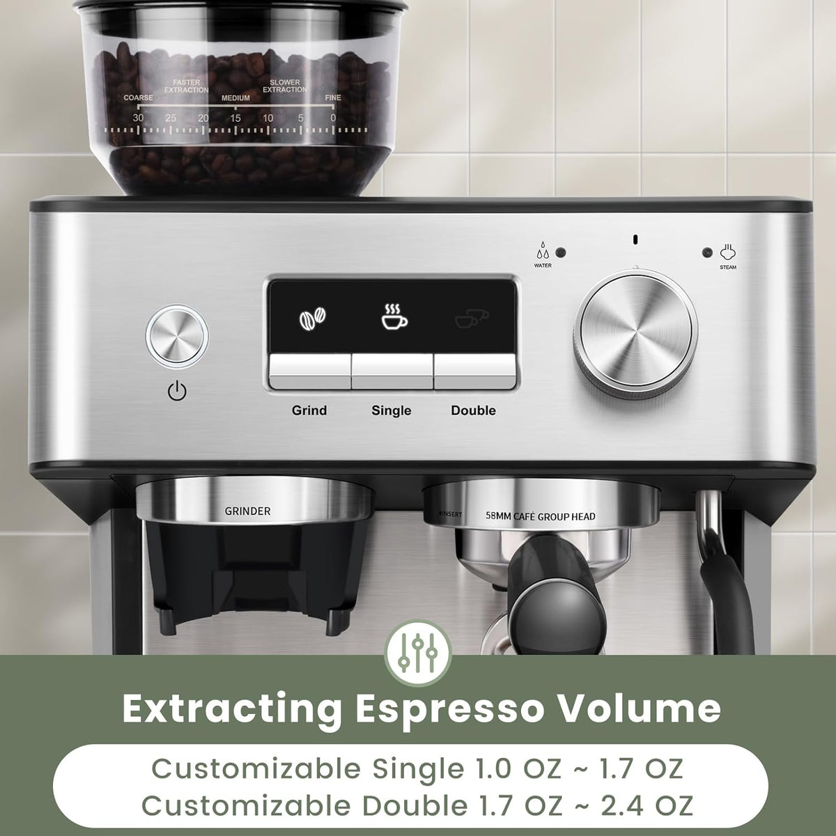 20 Bar Espresso Machine with Grinder & Steam Wand for Latte Cappuccino | Removable Water Tank, Powerful Milk Frother, Stable Pressure System for Crafting Silky Homemade Coffee Drinks