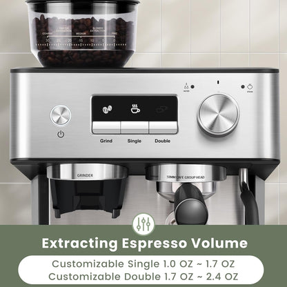 20 Bar Espresso Machine with Grinder & Steam Wand for Latte Cappuccino | Removable Water Tank, Powerful Milk Frother, Stable Pressure System for Crafting Silky Homemade Coffee Drinks