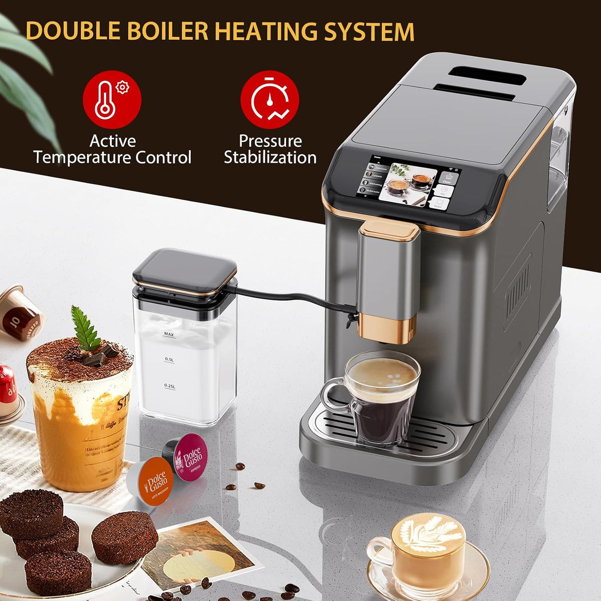 Premium Espresso Maker with Automatic Milk Frother - Super Automatic Espresso Machine 20 Bar Pressure, 1350W Power, Ideal Gift for Coffee Lovers, Manual Espresso Machine Easy Cleanup