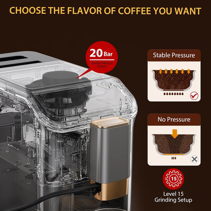Premium Espresso Maker with Automatic Milk Frother - Super Automatic Espresso Machine 20 Bar Pressure, 1350W Power, Ideal Gift for Coffee Lovers, Manual Espresso Machine Easy Cleanup