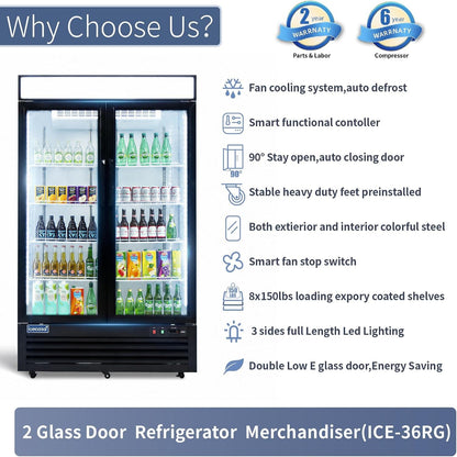 48" W Merchandiser Commercial Display Refrigerator Double Glass Door Reach-In 36 Cu.Ft Display Refrigerator Fan Cooling for Restuarant, Bar, Shop, Etc