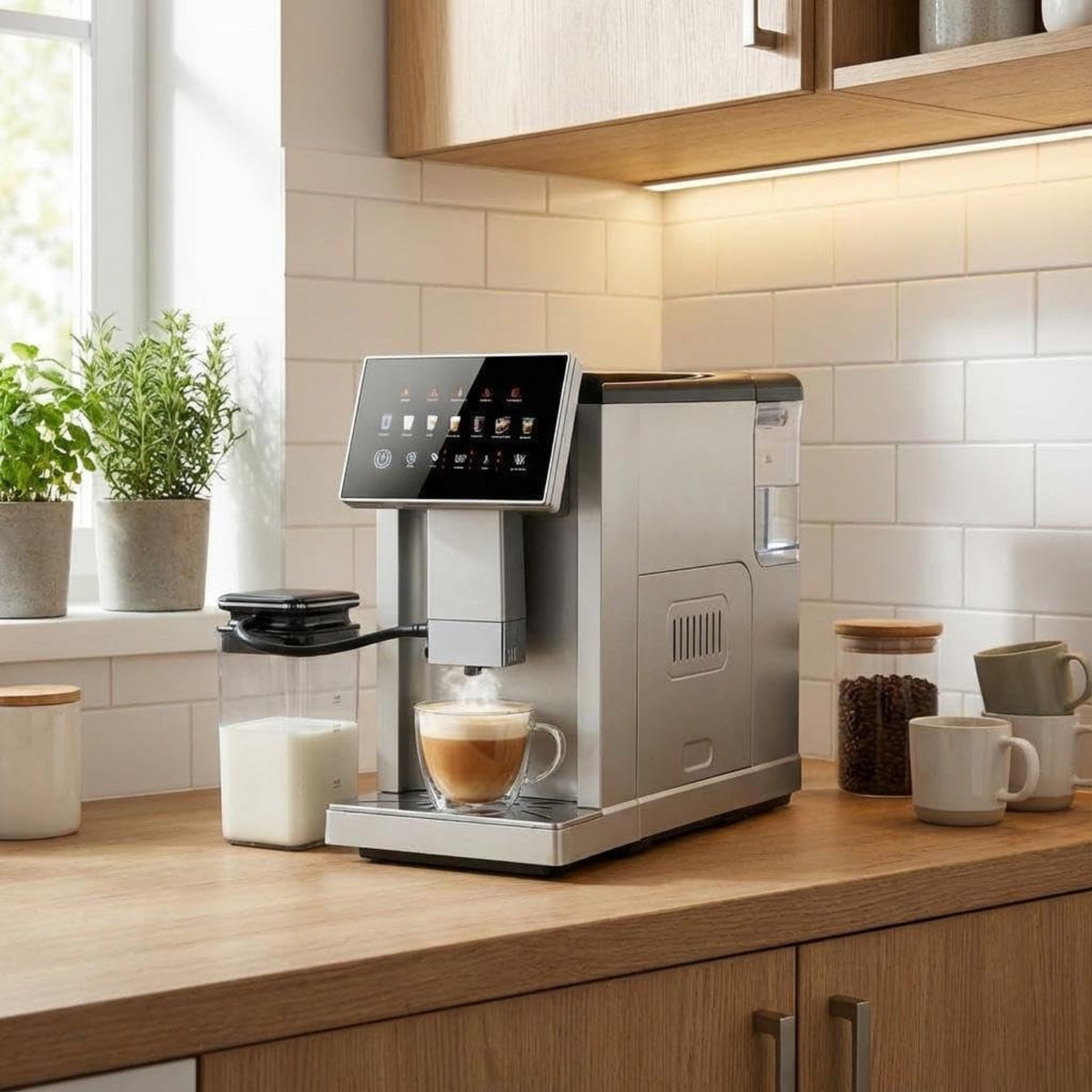 Super Automatic Espresso Machine with Built-In Grinder & Milk Frother, 20 Bar Dual Boiler Coffee Maker for 7 Drinks, Self-Cleaning System and Maintenance Alerts, Home Cappuccino & Latte Machine,Silver