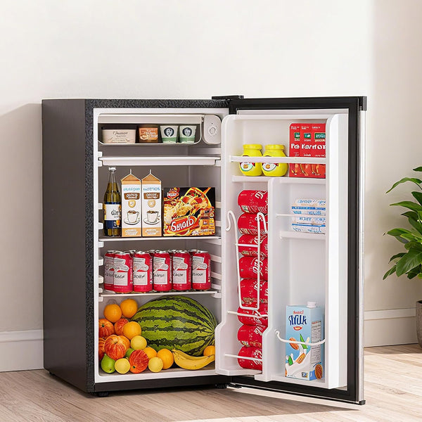 3.2 Cu.Ft Mini Refrigerator with Freezer, Single Door Small Refrigerator, Energy Saving Small Fridge with Adjustable Thermostat, Removable Glass Shelves for Bedroom, Dorm, Office, Desk Fridge, Silver