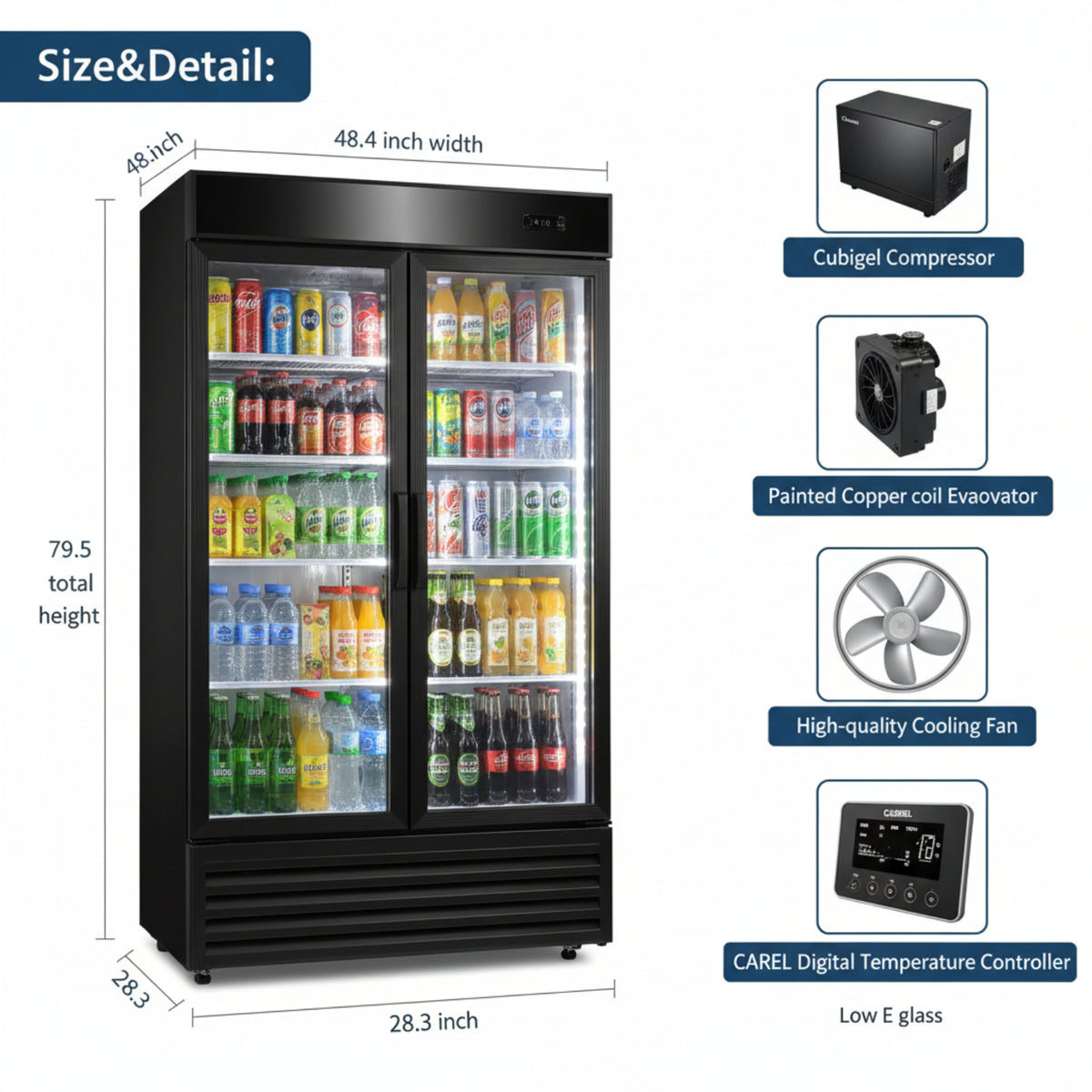48" W Merchandiser Commercial Display Refrigerator Double Glass Door Reach-In 36 Cu.Ft Display Refrigerator Fan Cooling for Restuarant, Bar, Shop, Etc