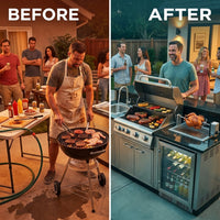 Outdoor Kitchen Island Gas Grill System 4 Burner BBQ Island with Rotisserie Kit, Integrated Sink, Wine Cooler & Granite Countertop — Before & After