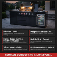 Outdoor Kitchen Island Gas Grill System 4 Burner BBQ Island with Rotisserie Kit, Integrated Sink, Wine Cooler & Granite Countertop — Results & Stats