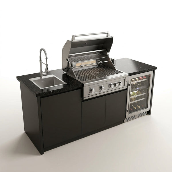 Outdoor Kitchen Island Gas Grill System 4 Burner BBQ Island with Rotisserie Kit, Integrated Sink, Wine Cooler & Granite Countertop — Studio Shot