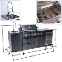 Outdoor Kitchen Island Gas Grill System 4 Burner BBQ Island with Rotisserie Kit, Integrated Sink, Wine Cooler & Granite Countertop