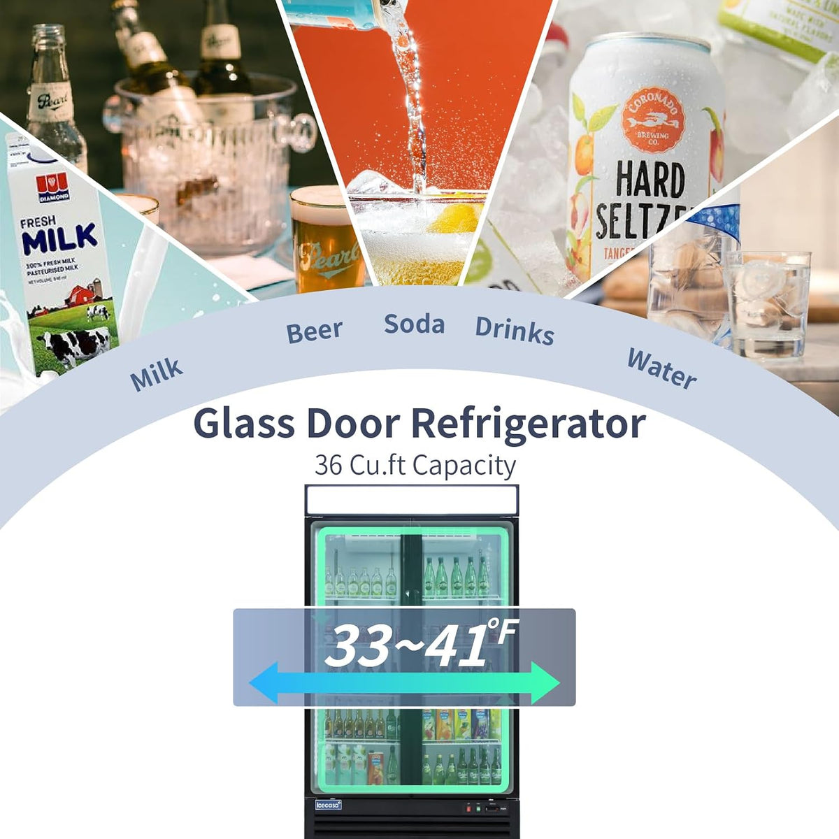 48" W Merchandiser Commercial Display Refrigerator Double Glass Door Reach-In 36 Cu.Ft Display Refrigerator Fan Cooling for Restuarant, Bar, Shop, Etc