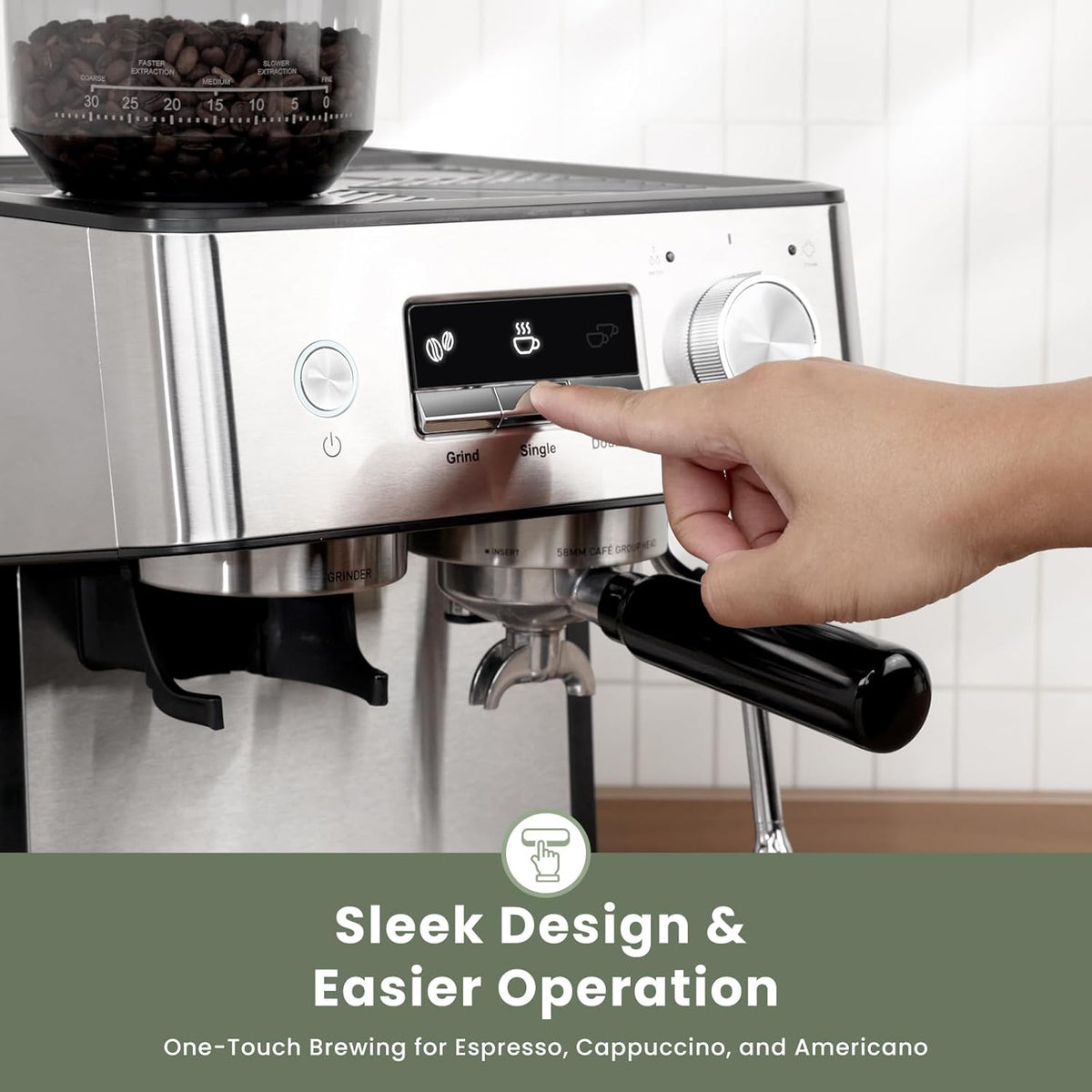 20 Bar Espresso Machine with Grinder & Steam Wand for Latte Cappuccino | Removable Water Tank, Powerful Milk Frother, Stable Pressure System for Crafting Silky Homemade Coffee Drinks