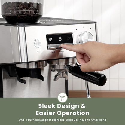 20 Bar Espresso Machine with Grinder & Steam Wand for Latte Cappuccino | Removable Water Tank, Powerful Milk Frother, Stable Pressure System for Crafting Silky Homemade Coffee Drinks