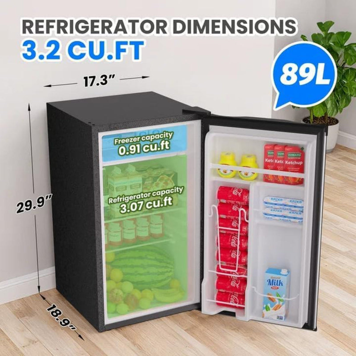 3.2 Cu.Ft Mini Refrigerator with Freezer, Single Door Small Refrigerator, Energy Saving Small Fridge with Adjustable Thermostat, Removable Glass Shelves for Bedroom, Dorm, Office, Desk Fridge, Silver
