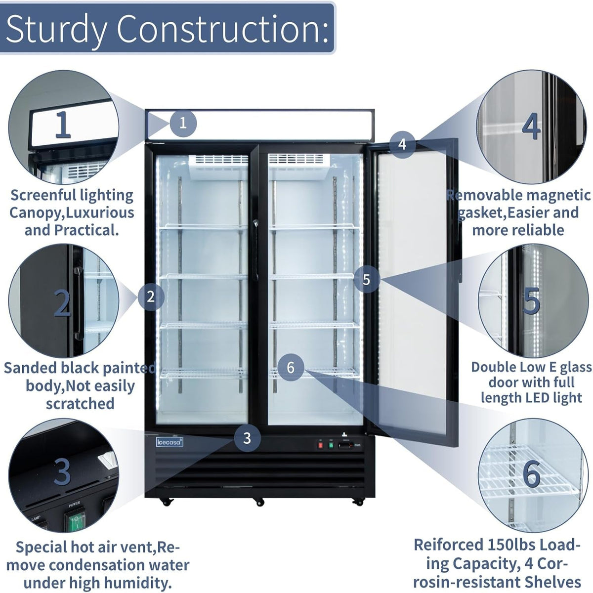 48" W Merchandiser Commercial Display Refrigerator Double Glass Door Reach-In 36 Cu.Ft Display Refrigerator Fan Cooling for Restuarant, Bar, Shop, Etc