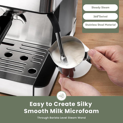20 Bar Espresso Machine with Grinder & Steam Wand for Latte Cappuccino | Removable Water Tank, Powerful Milk Frother, Stable Pressure System for Crafting Silky Homemade Coffee Drinks